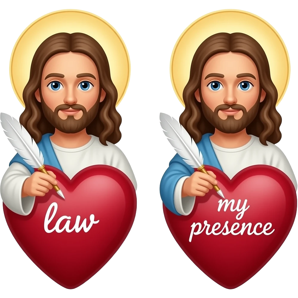 God using a quill and writing on the open heart of a man the word "law" Next to him, there is a similar scene with God writing onto a man;s heart "my presence" emoji