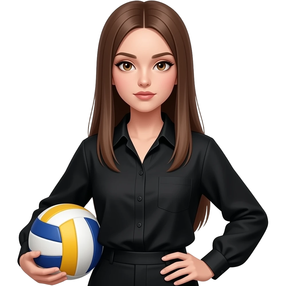 Not perfect features, tom-boy skate girl Long brown hair girl, light brown eyes and little bit tanned skin she has makeup with black eyeliner and her stare is magnethic. Handle voleyball ball. Her hair is straight and loose, not messy. Hair is extremely long. She wears black elegant blouse emoji
