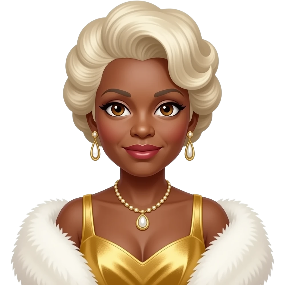 Etta James with brown eyes, platinum blonde beehive hair, gold dress, white fur shawl, necklace and earrings emoji