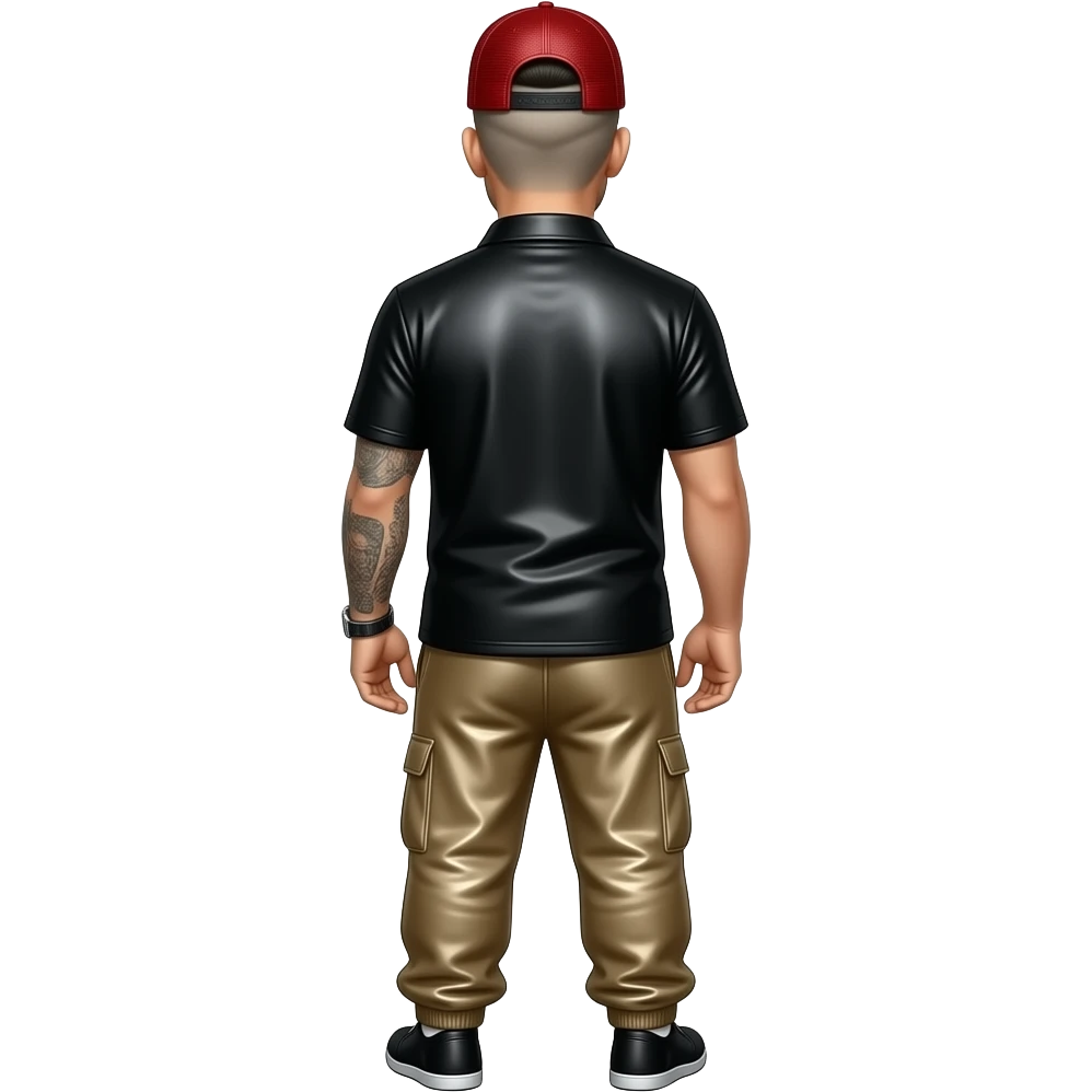 Fred Durst from behind with buzz cut hair, red metallic cap, black metallic shirt, dark beige metallic faux loose sweatpants emoji
