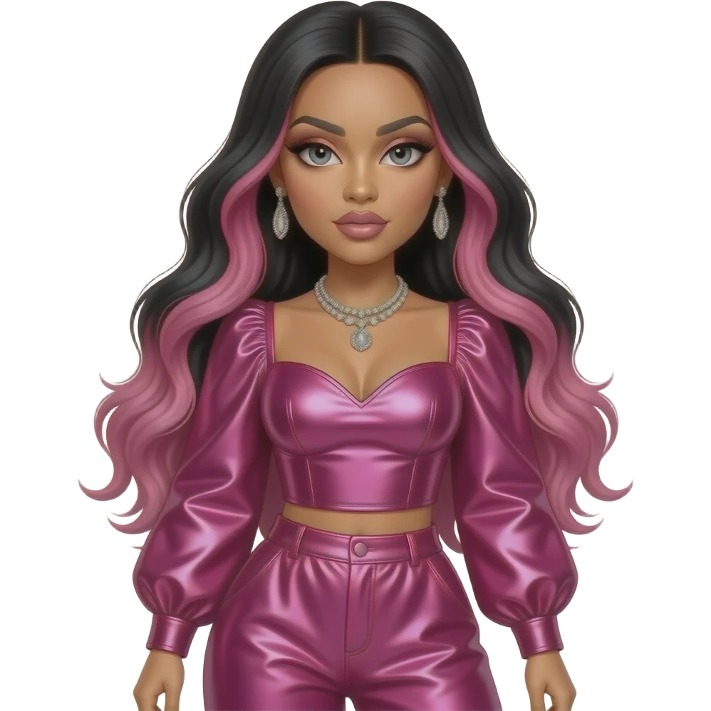 Nicki Minaj with grey eyes, long black hair with pink ombre, hot pink metallic sweetheart blouse, hot pink metallic baggy pants, necklace and earrings emoji