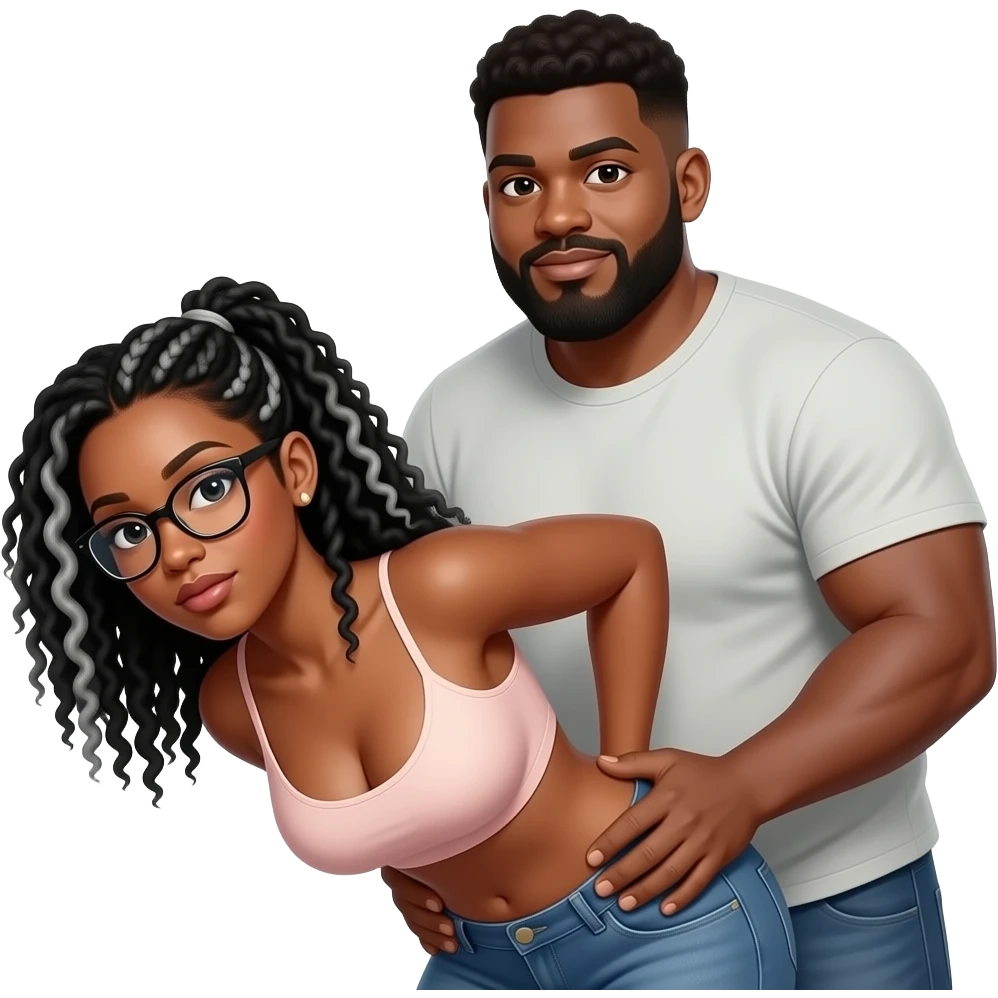 Black woman, with black locs (with some grey) and glasses; bent over with a large (chubby) black man with a low curly haircut and beard with some grey; standing behind her holding her hips topless emoji
