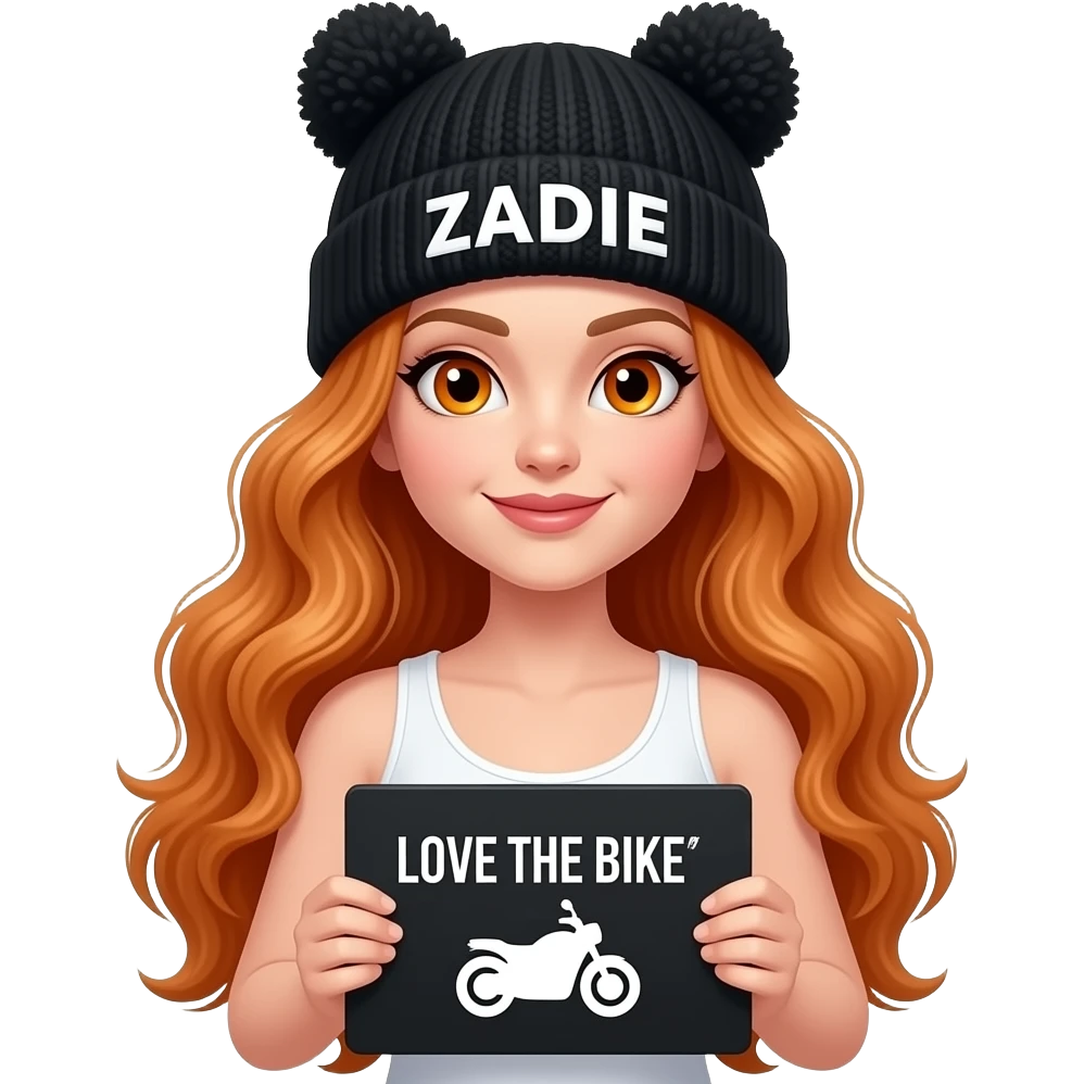 sexy girl with overlong wavy ginger hair and ginger eyes wearing a white tanktop and a black pom pom hat with cat ears with ZADIE written on it is holding a black sign with LOVE THE BIKE 🏍️ written on it emoji