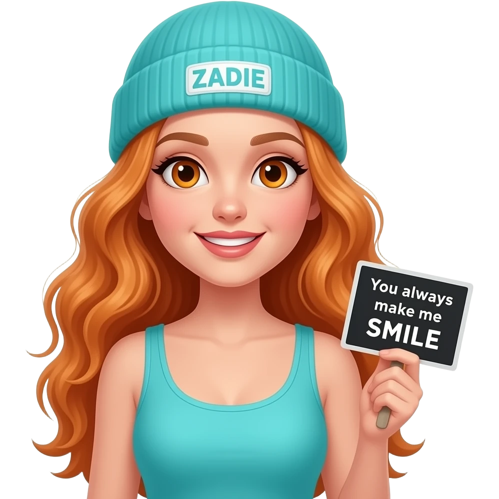 sexy girl with overlong wavy ginger hair and ginger eyes wearing a turquoise tanktop and a turquoise beanie with ZADIE written on it, is holding a black sign with You always make me SMILE written on it emoji
