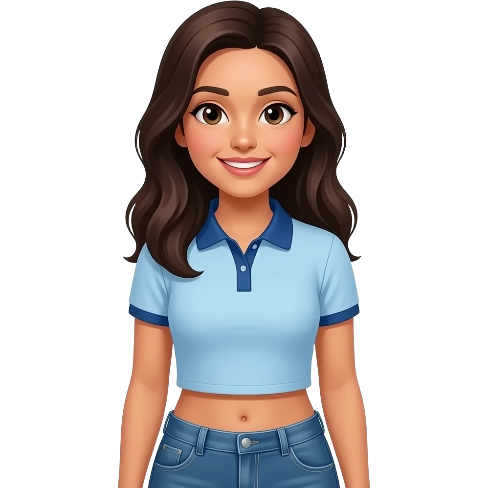 Hispanic girl with brown hair, light blue and dark blue polo, and jeans with a belly button emoji