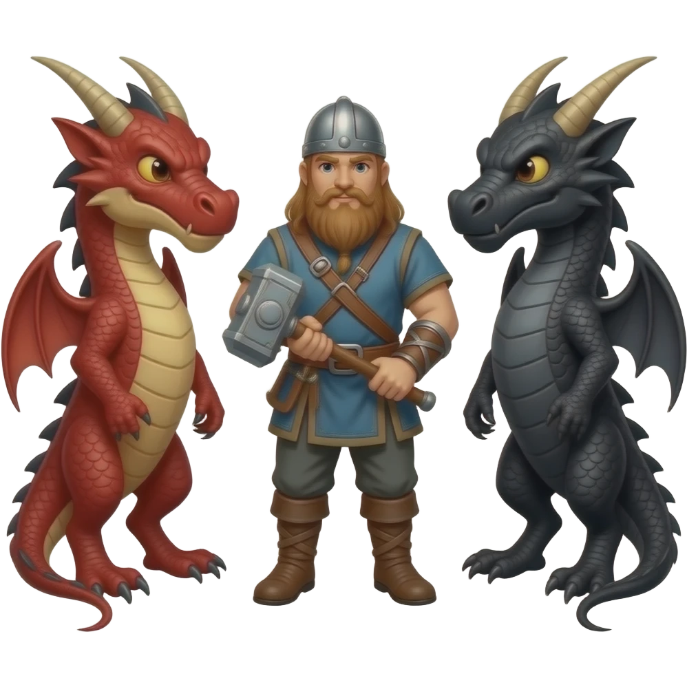 un viking avec un marteau à deux main sur lequel repose ses deux mains. Ce viking est entre deux dragons, l'un est rouge et l'autre est noir emoji