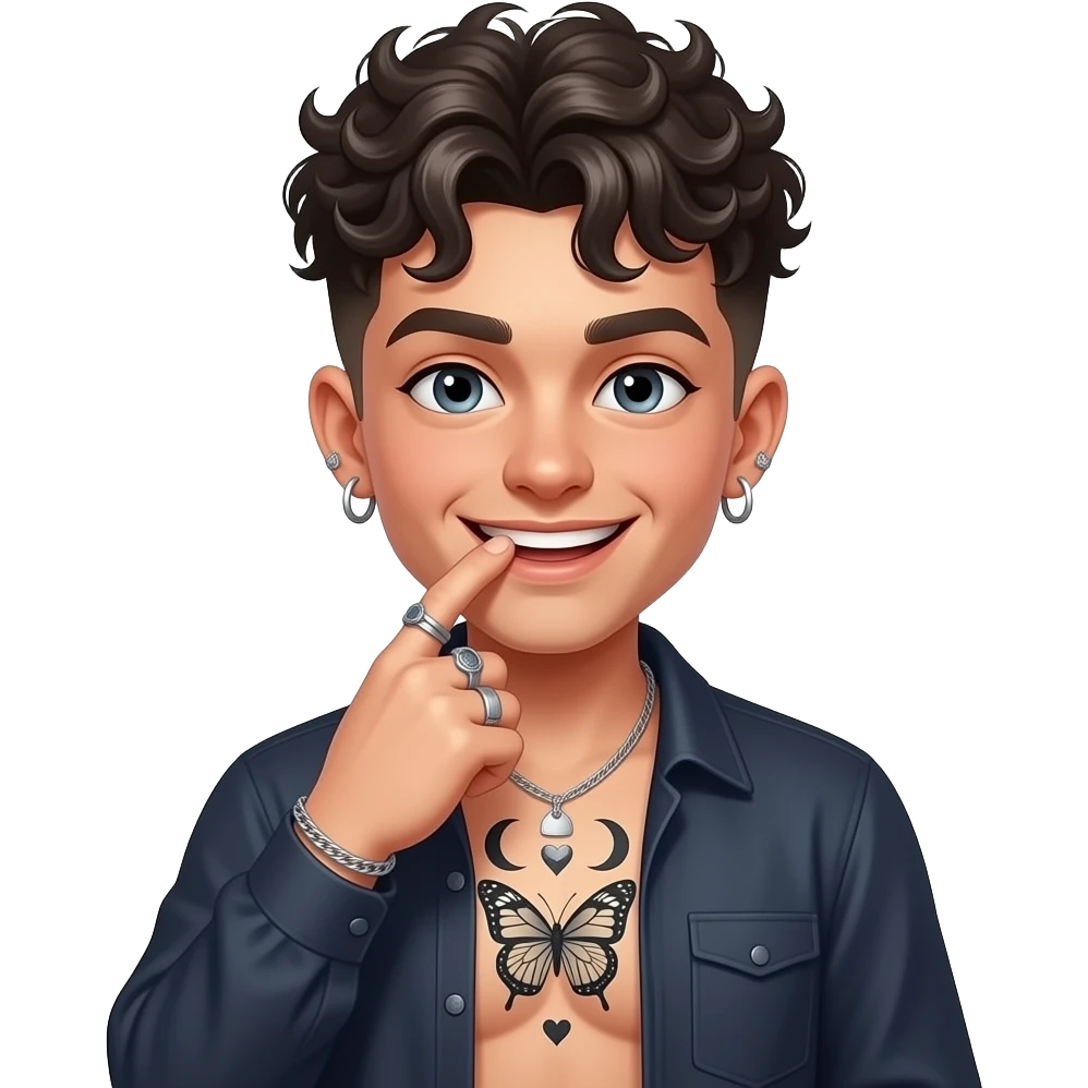 cheveux courts à la garçonne coiffé sur le devant et bouclés. Qui se mord le doigt avec un grand sourire coquin. Un tatouage sur le torse de papillon avec les croissants de lune au dessus. Avec des bagues. Et des cœurs autour emoji