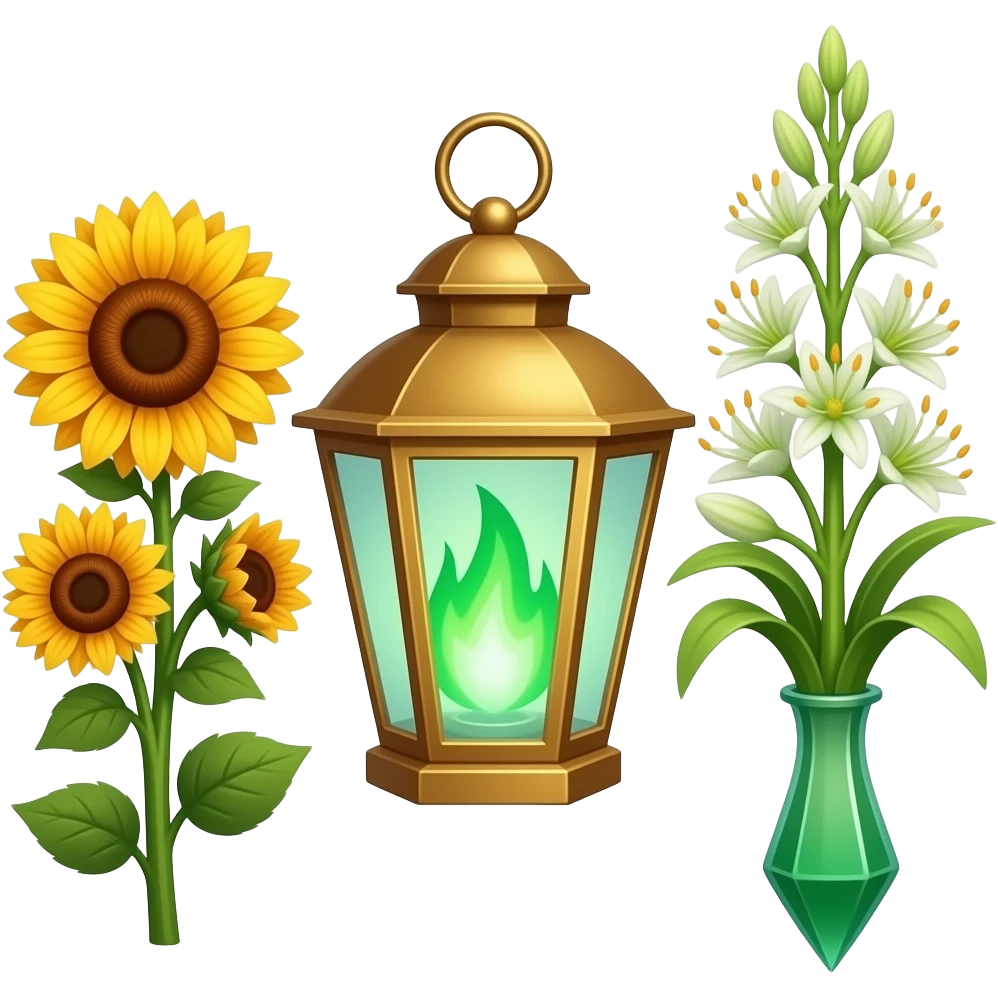 A golden hanging lantern with a bright emerald flames, an empty loop on top, fae themed sunflowers on the left and fully bloomed asphodels on the right as part of the design, but simple focus more on the green flames, paint the glass more green, have its bottom point come to some sort of point emoji
