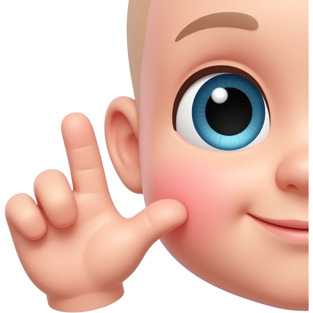 Cute 3D emoji baby face with one hand raised beside the face, finger poking the cheek. Make the hand larger and closer to the camera, with the face only partially visible. Big eyes, blushing cheeks, lovely expression, glossy pastel style, white background. emoji
