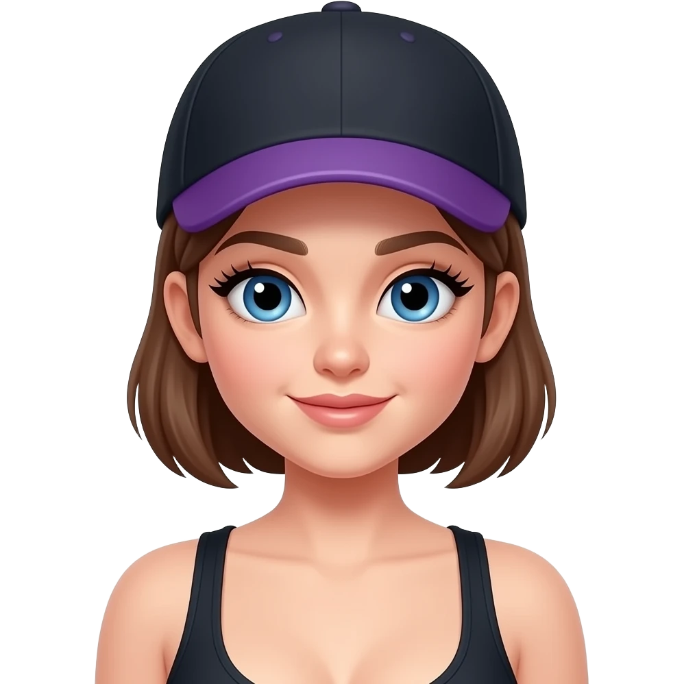 Make blue eyes eyelash.give  cap on black and purple. short brown hair  ponytail big boobs emoji