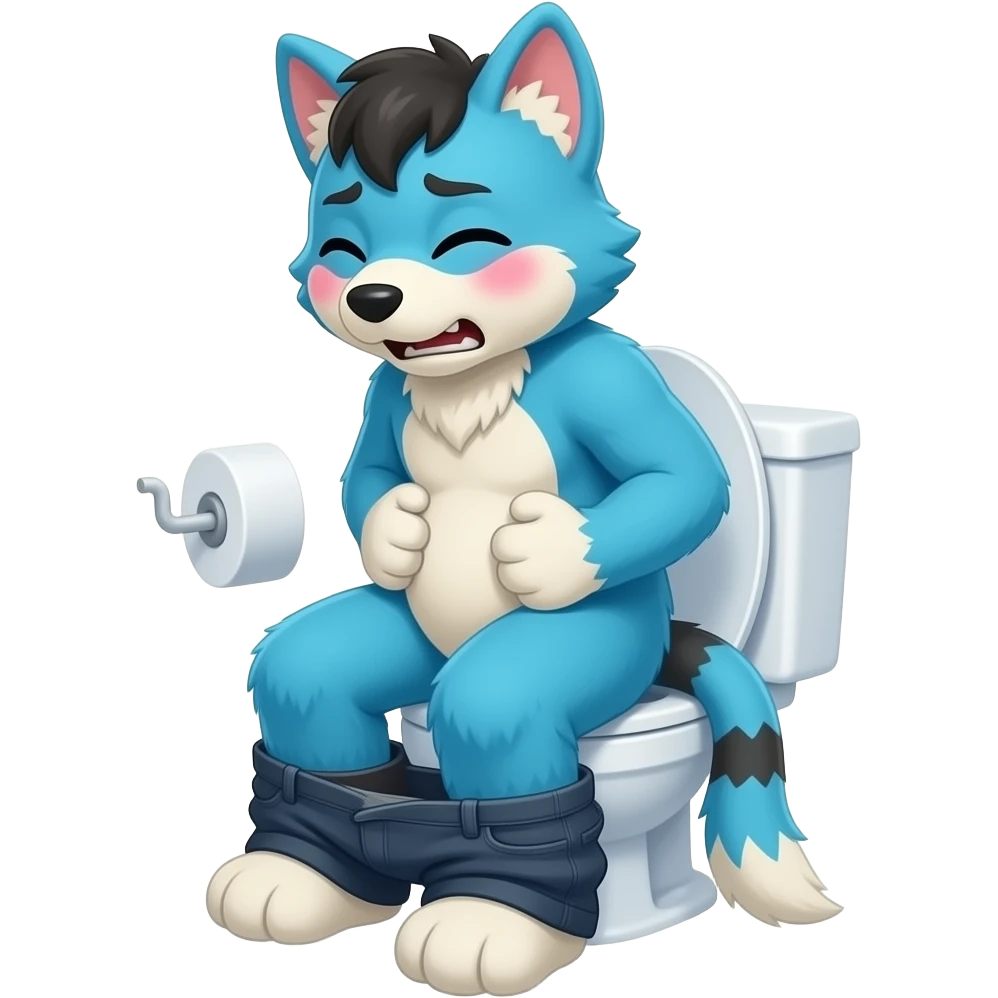 blue fursuit sitting on toilet, side view, pants down, straining face, blushing face, pain, pushing, both hands on stomache, discomfort, grunting emoji