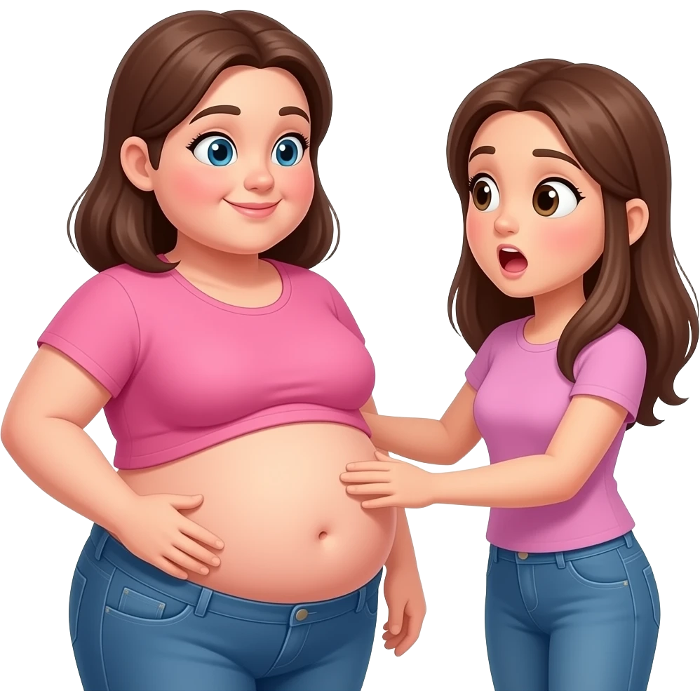 A meeting with two girls,After a great long lunch,one girl is full & fat,her bellybutton is peeking out,her big belly is getting noticed,so other girl was impressed and eagerly touching the one overfed girl’s bloated belly, emoji