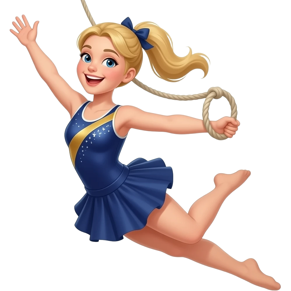 trapeze emoji jumping for joy- white skin color woman no ropes and blonde hair in a gymnast outfit hair in a ponytail blonde add a skirt teenager no ropes get rid of ropes emoji
