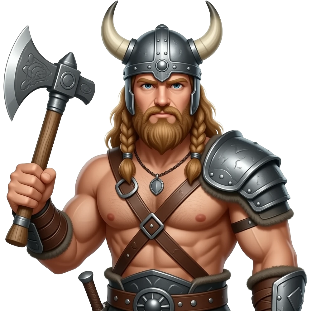Nahaufnahme von einem Vikinger mit nackten muskulösem körper und einer behaarten und starken Brust, mit Leder Riemen und Schulterpanzer. Er schwinkt eine Axt und trägt ein Helm mit Hörnern und Bart emoji
