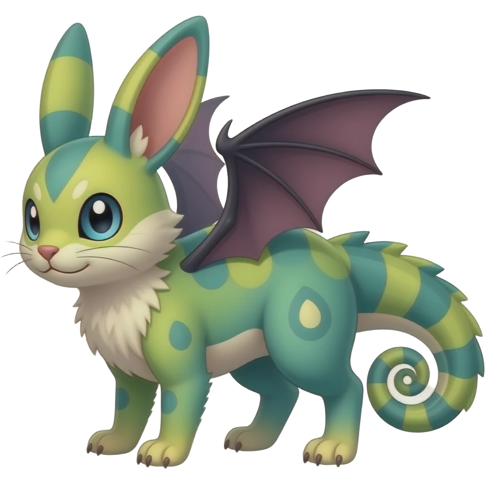 Purplish reddish greenish Furret-Amaura-Shaymin-Rattata-Aurorus-Vaporeon-Litten-Cat-Rabbit-Bat-Fakémon-hybrid with a chameleon tail emoji
