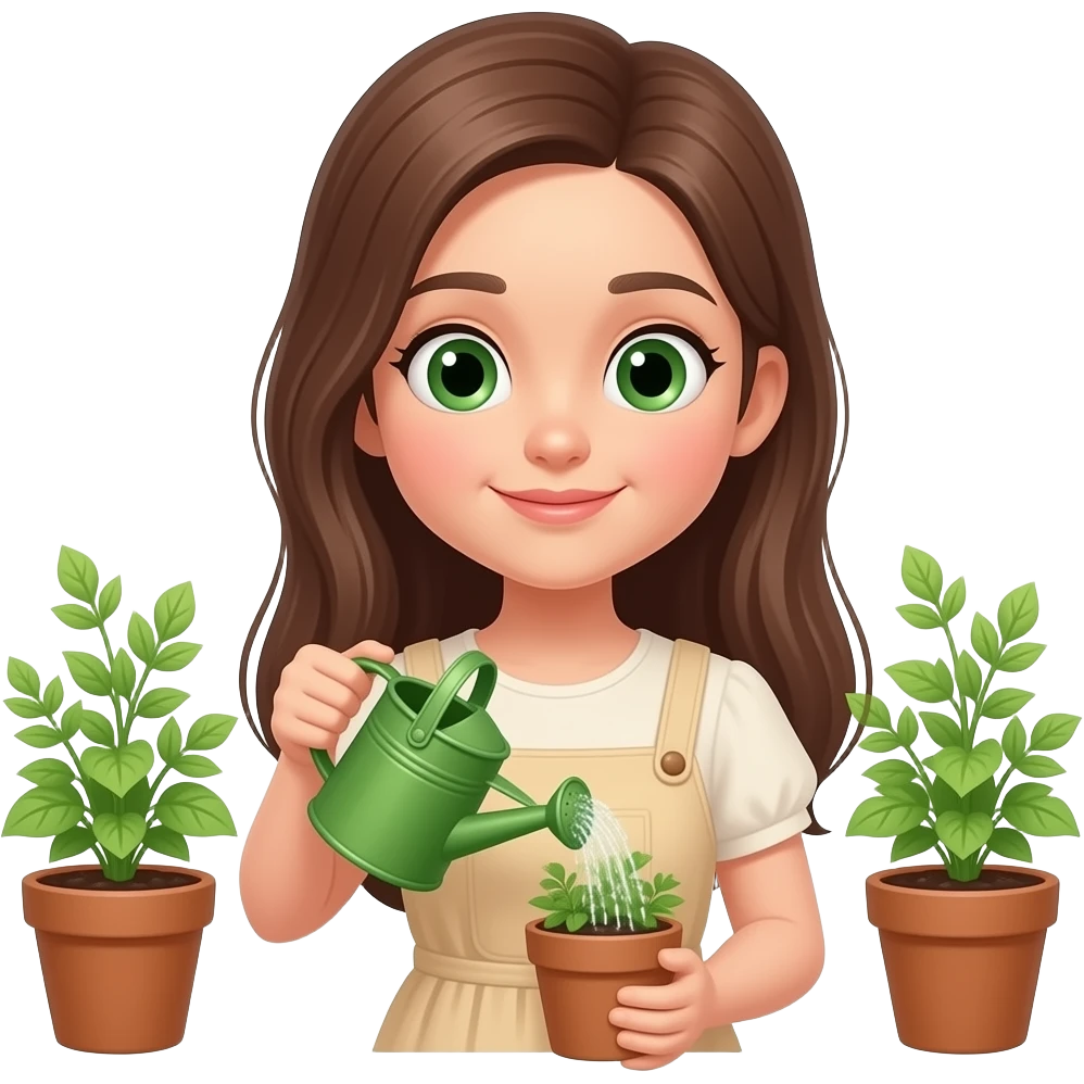a closeup of a girl with long straight brown hair and small proportionate green eyes dressed in a beige summer dress watering plants with a green watering thing but without bangs emoji