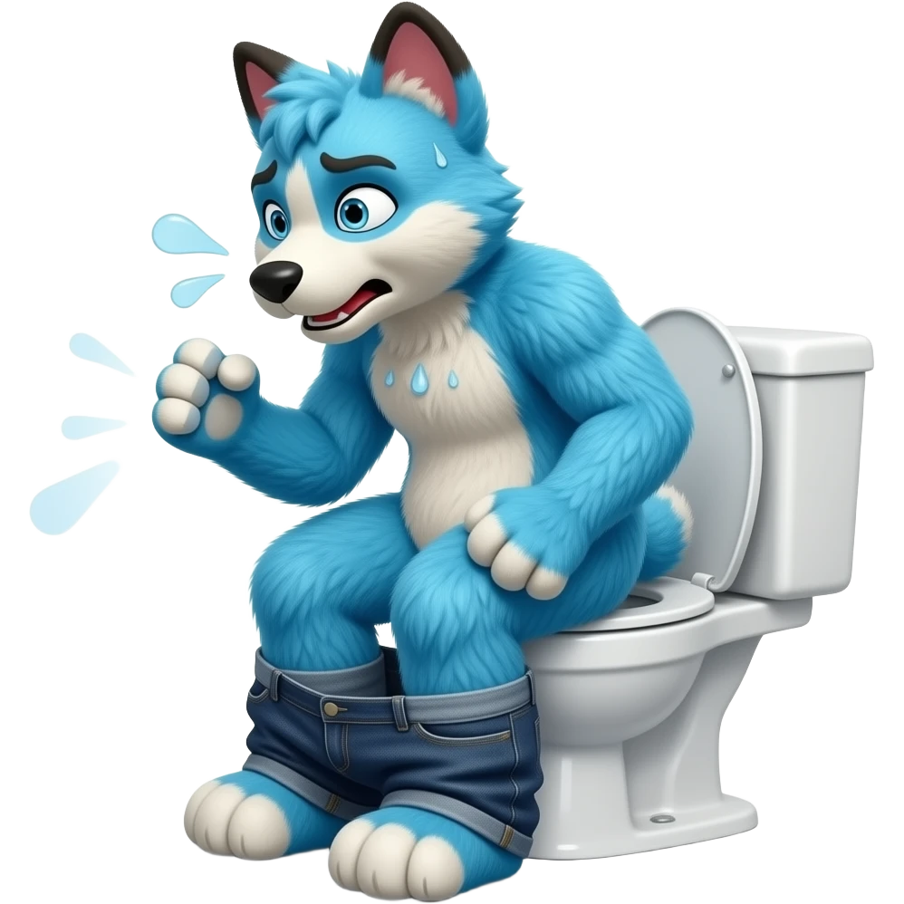blue fursuit sitting on toilet, side view , pants down, pushing, straining face,  uncomfortable, farting , sweating, red face emoji