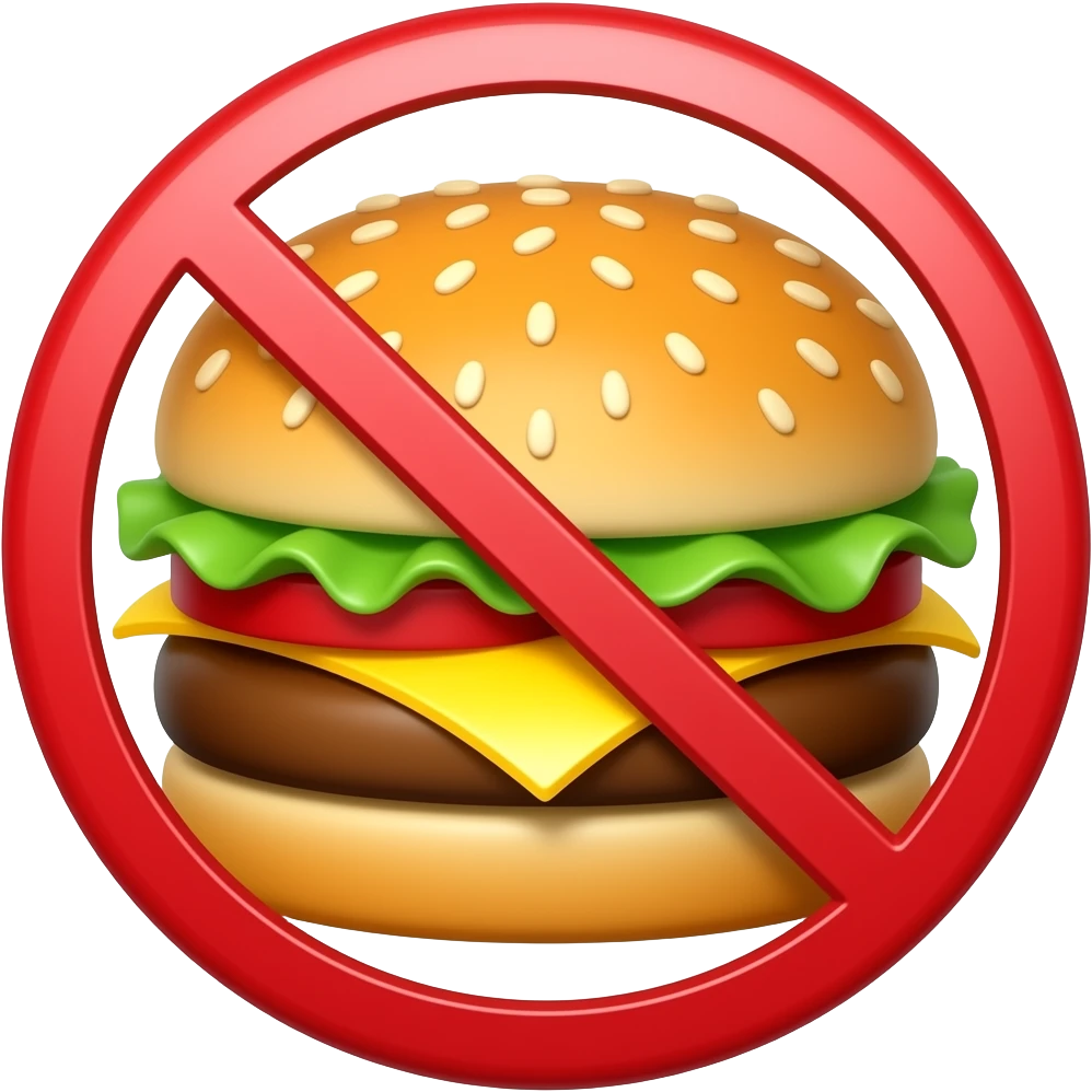 Add a clear prohibition symbol over a hamburger — a red circle with a diagonal slash crossing the burger to show ‘no eating fast food’. Keep it clean, bold, and minimalist in vector logo style. emoji