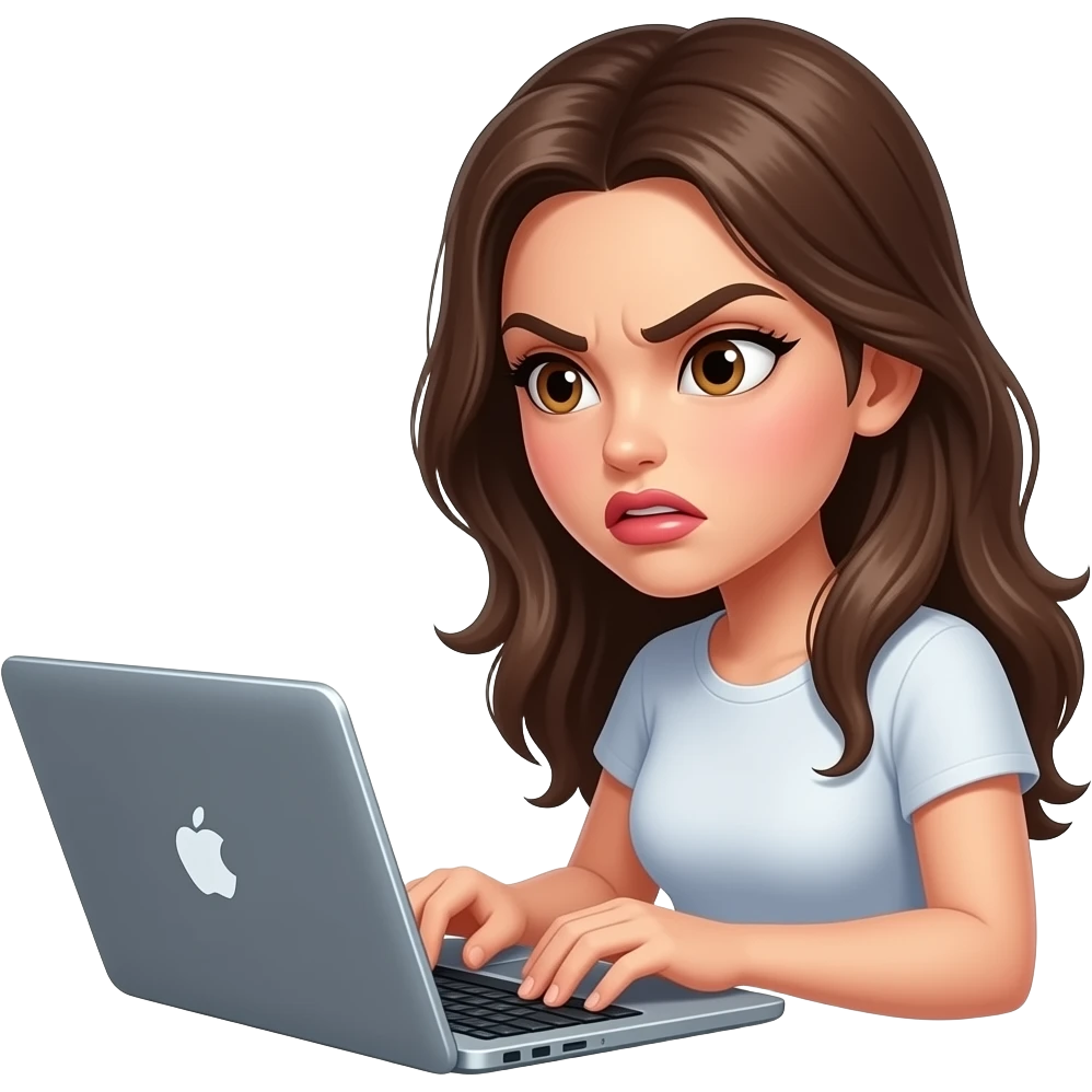 “beautiful girl with glossy lips typing angrily on laptop, emoji emoji