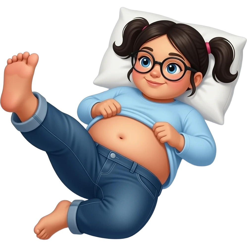 Obese Hispanic little girl with black pigtails and blue eyes rounded black glasses plain light blue long sleeve shirt and dark blue baggy jeans and belly button laying down on her pillow on her bed showing her feet lifting her shirt all the way up with fat belly button doing a belly roll emoji