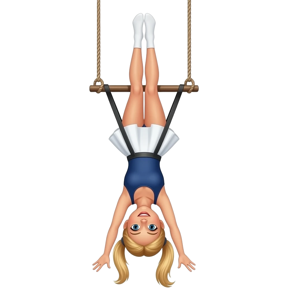 trapeze emoji hanging from flying trapeze blonde woman in skirt and blonde ponytail white skin color add trapeze bar and hanging upside down emoji