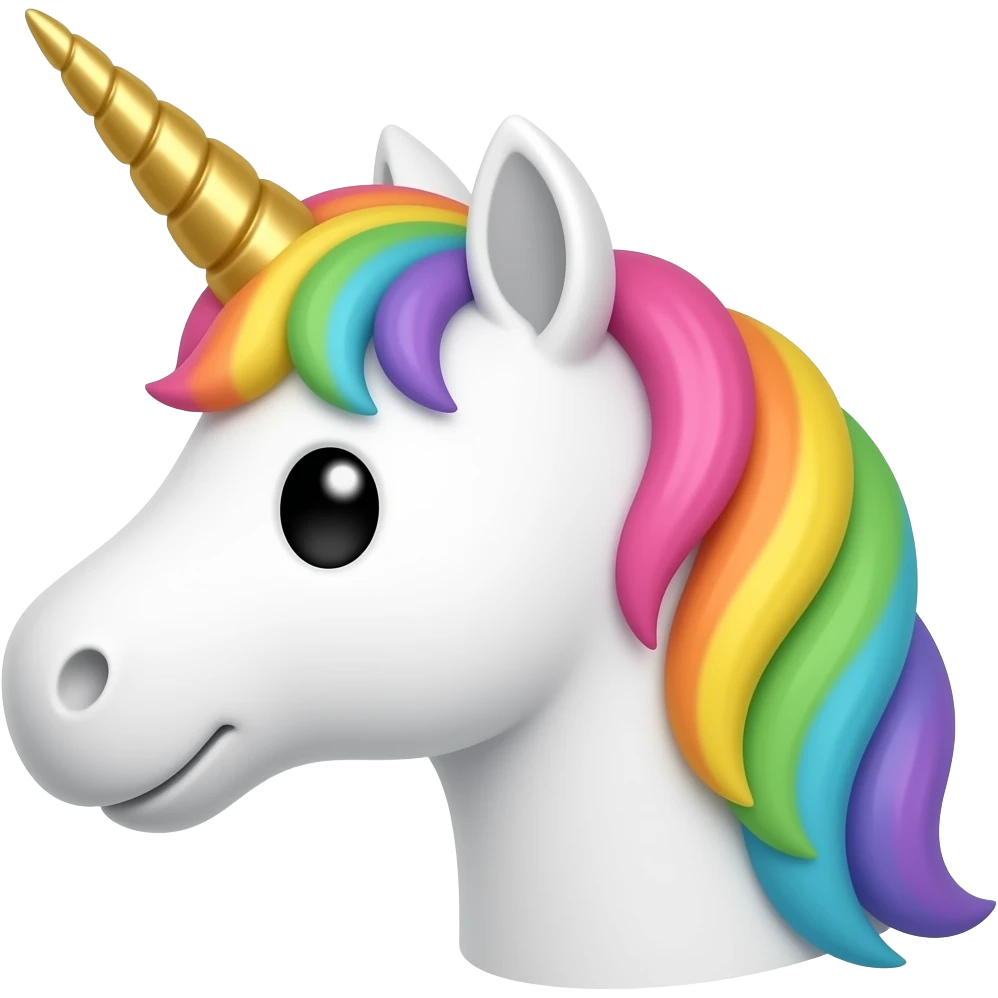 Whimsical funny face of a white unicorn, golden horn, rainbow mane, black eyes. Minimalism, in profile emoji