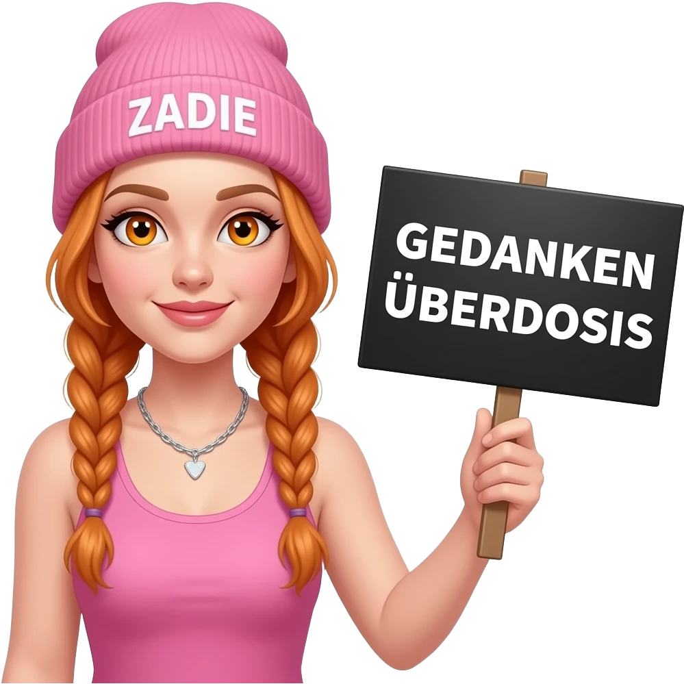 sexy girl with overlong ginger braids and ginger eyes wearing a pink tanktop and a pink beanie with ZADIE written on it, is holding a black sign with GEDANKEN ÜBERDOSIS written on it emoji