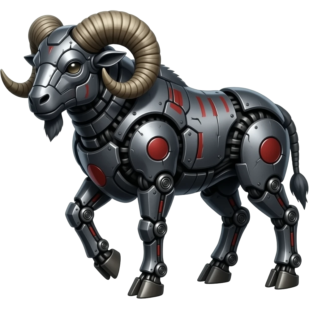 full body Mechanical  Ram with curled horns made of dark grey metal with black and red markings. emoji