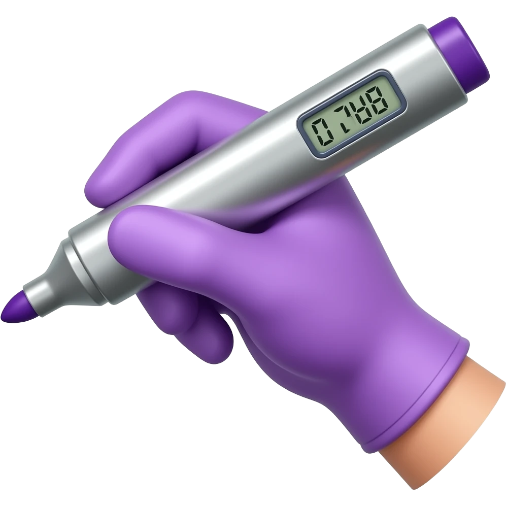 female hand in purple simple glove writing with big bold metallic marker, small display timer on the marker emoji