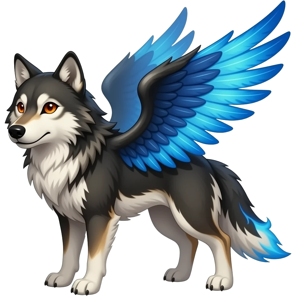 russet wolf with orange eyes and with black, white, and blue wings with blue flames emoji