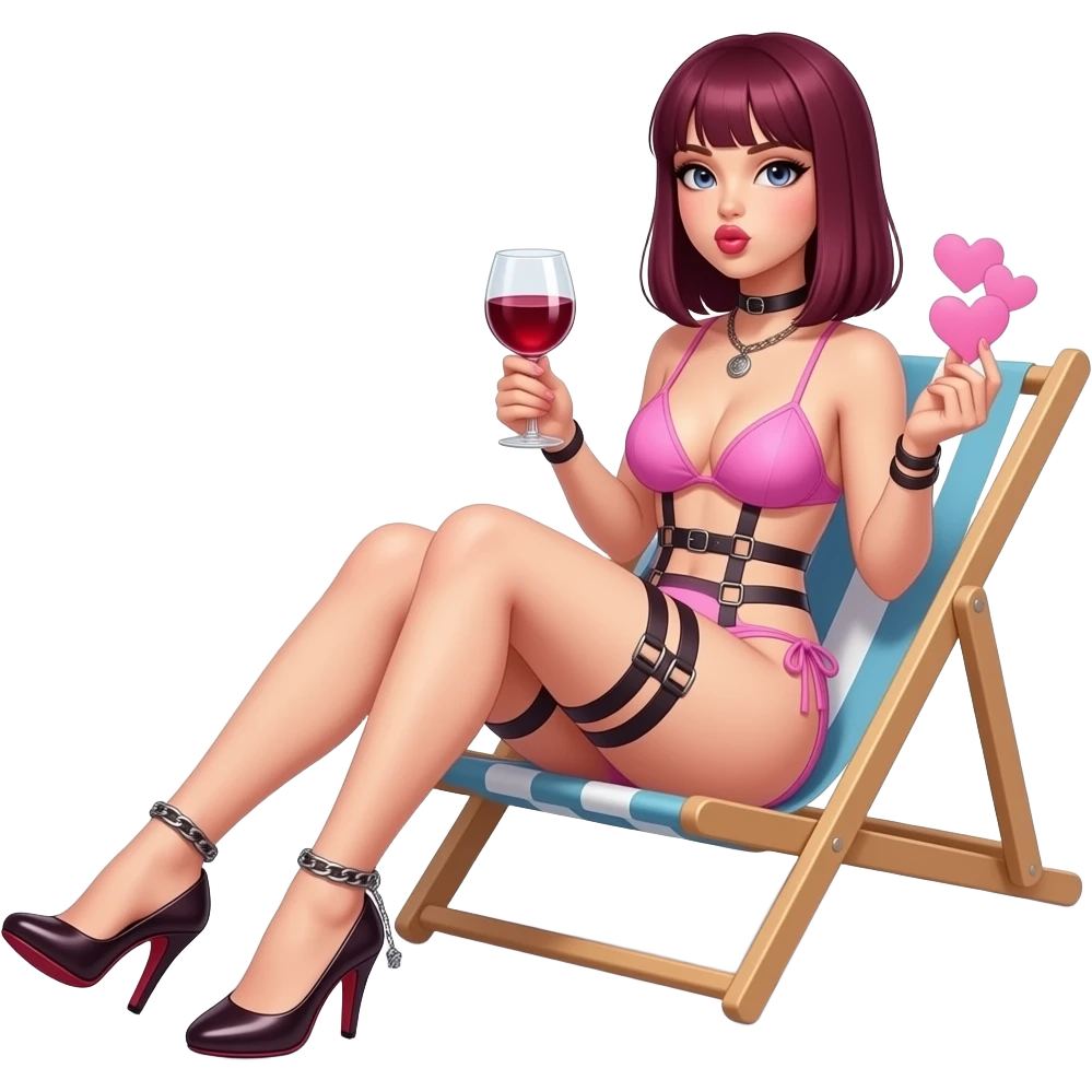 woman. burgundy, straight shoulder-length hair, sitting, sunbathing. baby pink bondage style bikini. very high fetish stiletto heels. Ankle chain with small key attached. glass of red wine in one hand. blowing kiss and pink hearts with other hand emoji