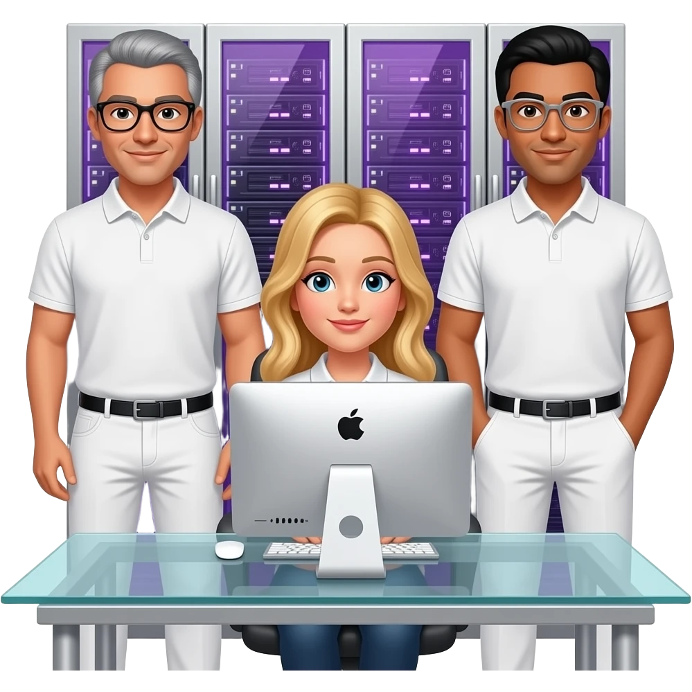 background is a silver server cabinet with purple lighting, in the foreground is a glass table and an imac computer, two men are standing, gray hair, black glasses, black hair, silver glasses, dressed in white pants and a polo shirt, a blonde girl is sitting at the table, emoji