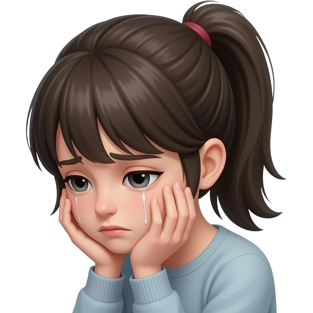 depressed pony tail girl emoji, head in hands, gloomy emoji