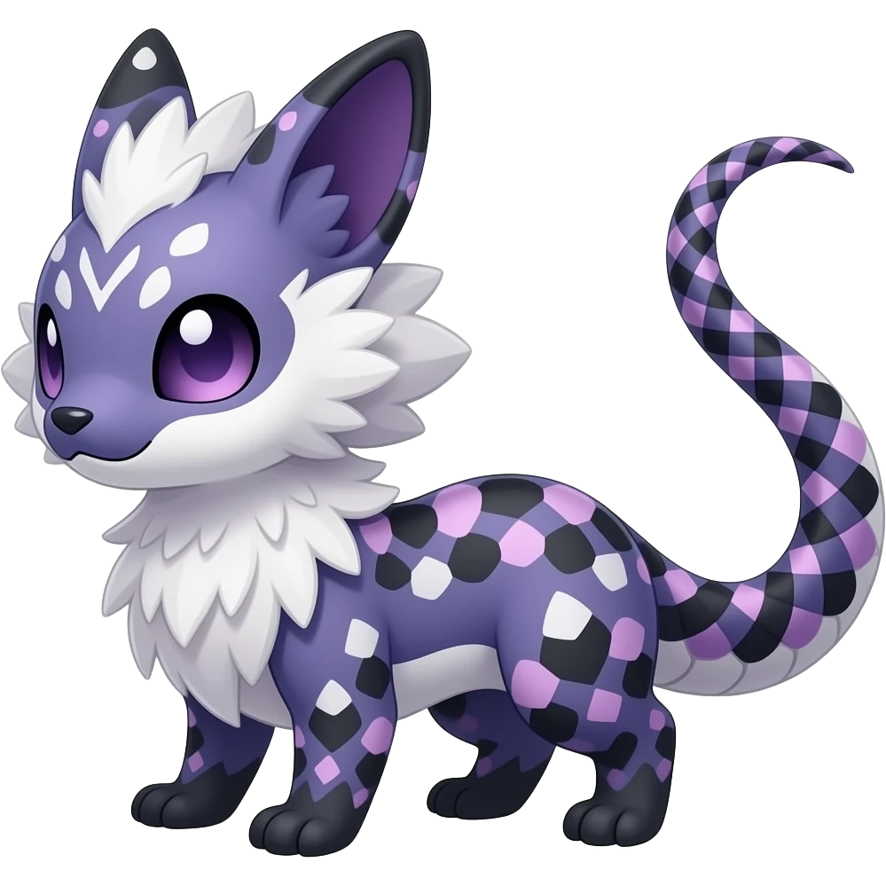 Grunge-patterned speckle-patterned feathery elegant realistic Furry, feathery fluffy tropical flecked painted feathery scaly, Purple, white, black, Minccino-Bambino-Lykoi-Linoone-Zangoose-fusion-hybrid-animal-Fakémon-creature, full body, thin long sleek scaly tail, intricate markings emoji