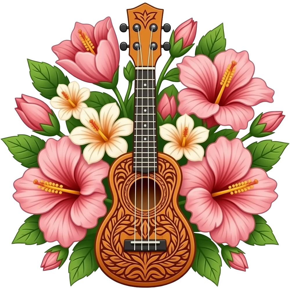 Ukulele with Polynesian carvings with flowers blooming behind it emoji
