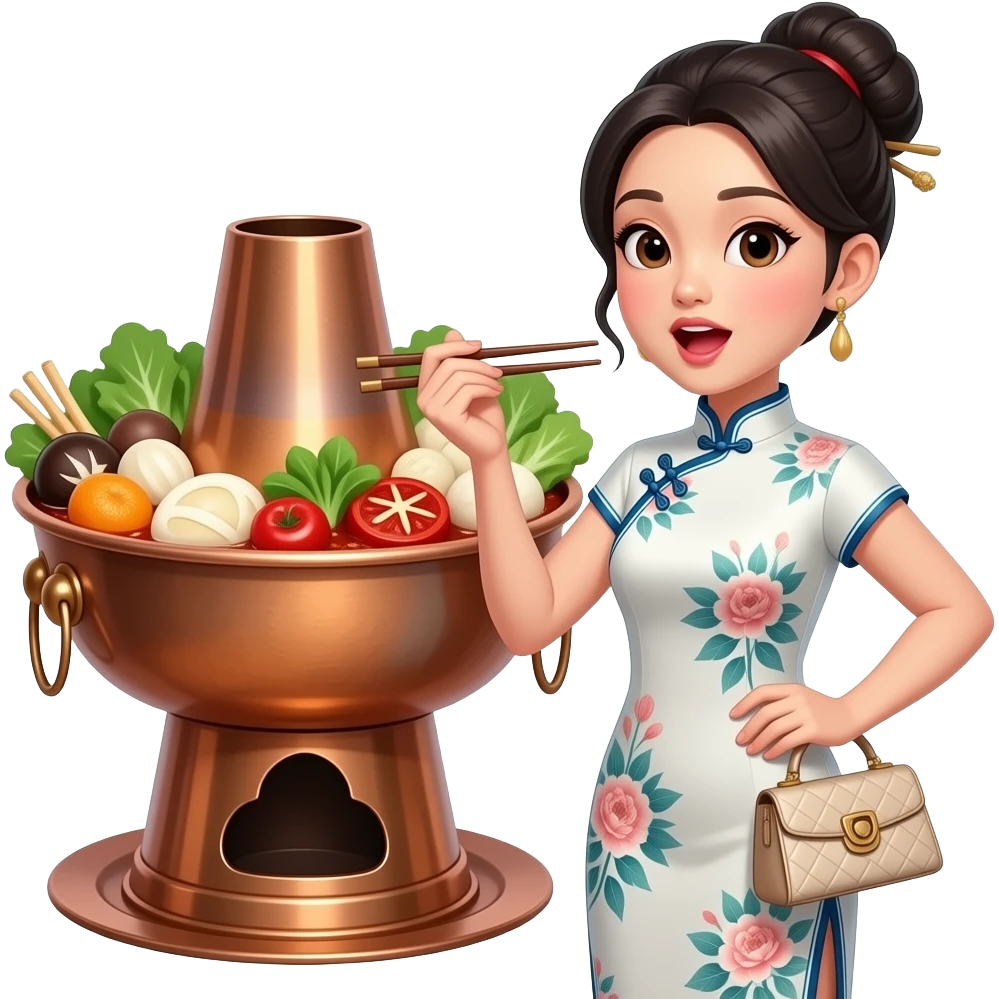 亚洲女性（中式着装、包包头发髻）手握筷子，表情馋嘴，面前是古典铜火锅，火锅里的食材丰富 emoji