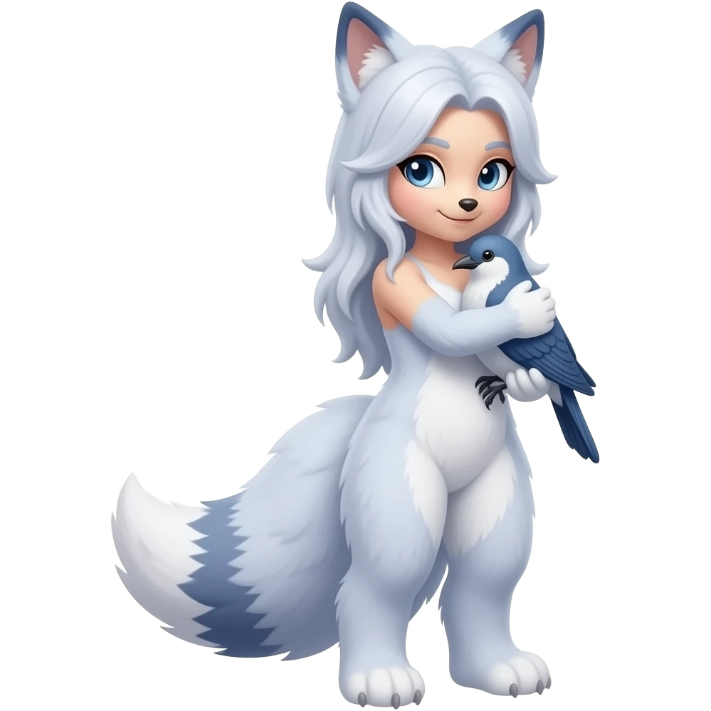 Female white fox furry and a bird hugging,fursona emoji