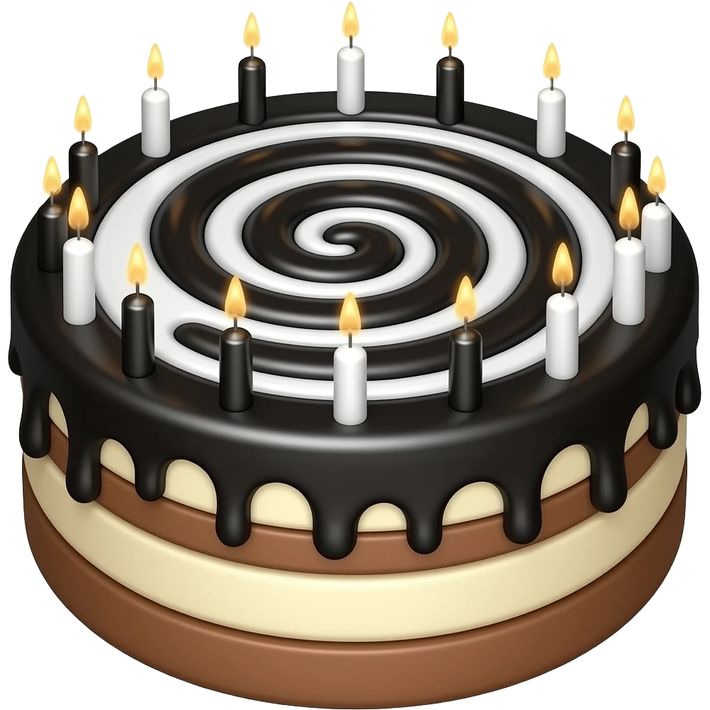 A chocolate and vanilla cake covered in black and white icing that forms a hypnotic spiral on top with black and white candles around the top edge emoji