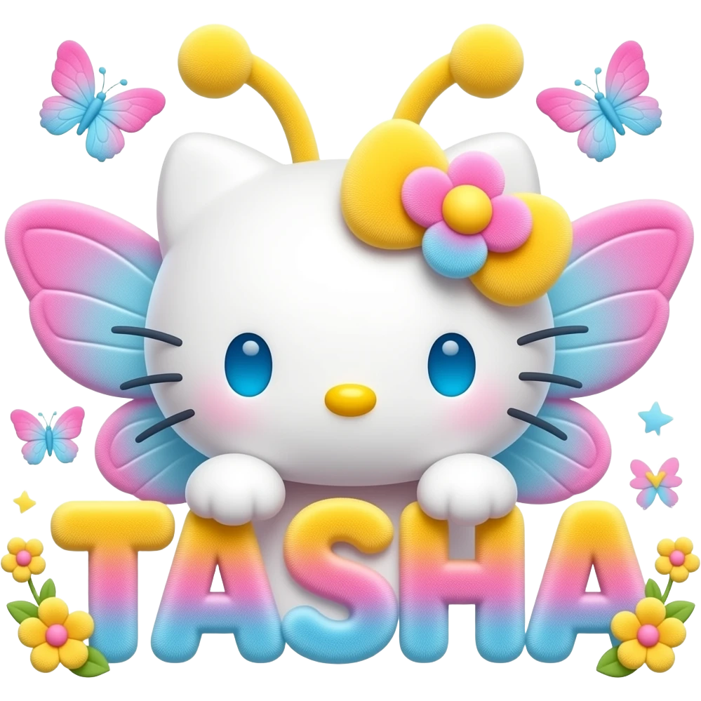 White velvety fur 3D hello kitty head with yellow pink blue gradient 3D ...