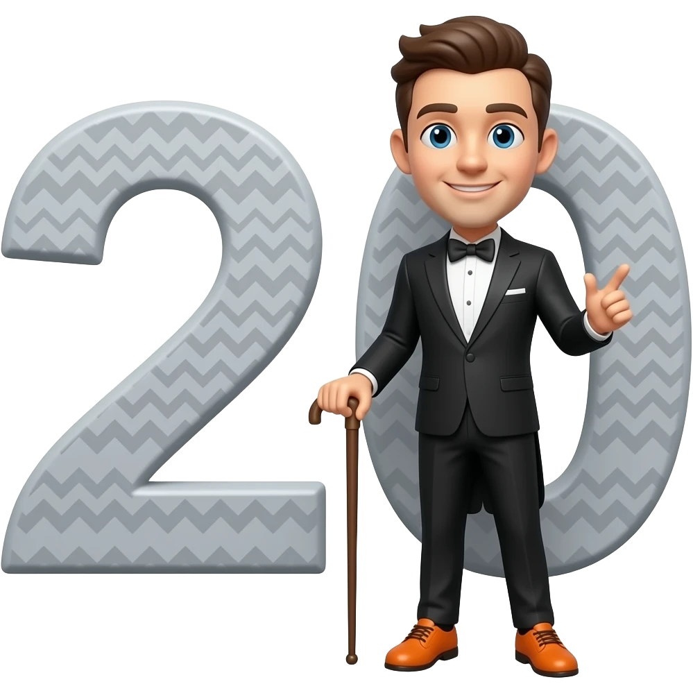 A gray-ish number 20 that has a fancy suit and orange shoes and a walking stick and it looks very fancy and it has a little zigzag on the 2 and the 0 emoji