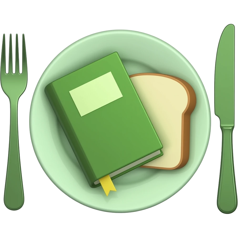 Make a plate of food, with cutlery beside it, and on top of the plate make a Bible. Daily bread, colour scheme green emoji