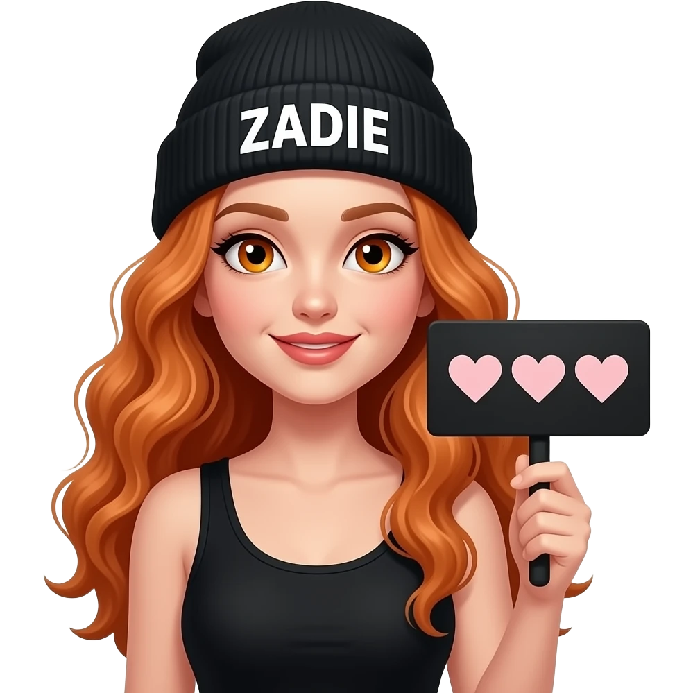 sexy girl with overlong wavy ginger hair and ginger eyes wearing a black tanktop and a black beanie with ZADIE written on it, is holding a black sign with 💗💗💗 on it emoji
