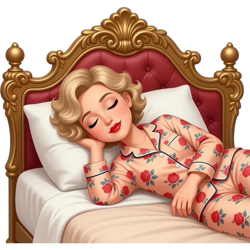 Short curly blond hair side swept red lipstick and peach and RED FLORAL PAJAMAS SET SLEEPING, BLACK EYEBROWS ON A VITCTORIAN BED emoji
