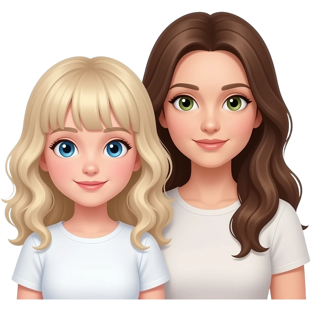 white kid blue eyes mid length hair to shoulders with bangs soft curly hair to shoulders in color: middle to little darker blond. With her mother, a mother white with hazel green eyes and level 7 hair brown hair long to her chest emoji