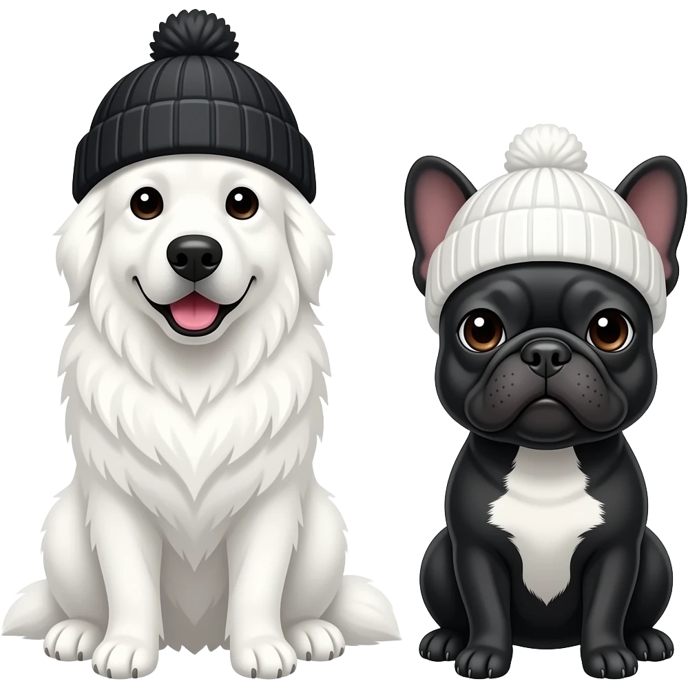 all white Great Pyrenees dog wearing a black beanie with black Frenchie wearing a white beanie emoji