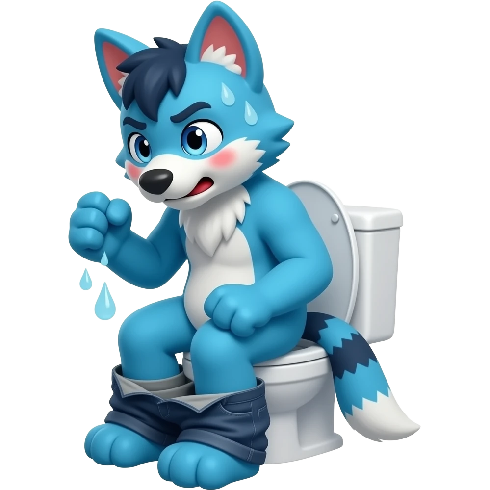 blue fursuit sitting on toilet, pants down, side view , fists, uncomfortable, squeezing, straining, sweating, red cheeks, diarrhea emoji