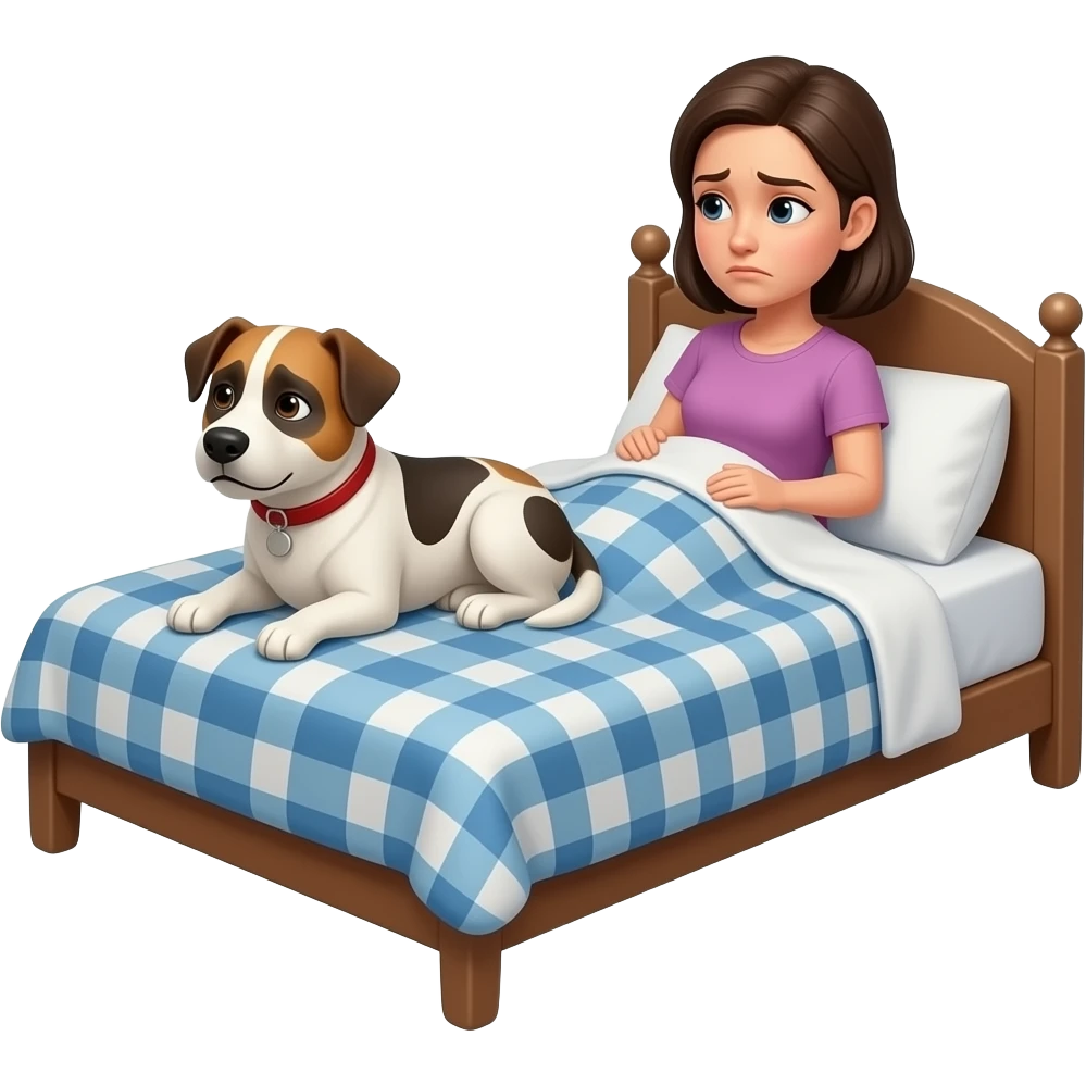 Un perro ocupando toda la cama mientras una mujer se queda en una pequeña esquina mirándolo con resignación y cansancio emoji