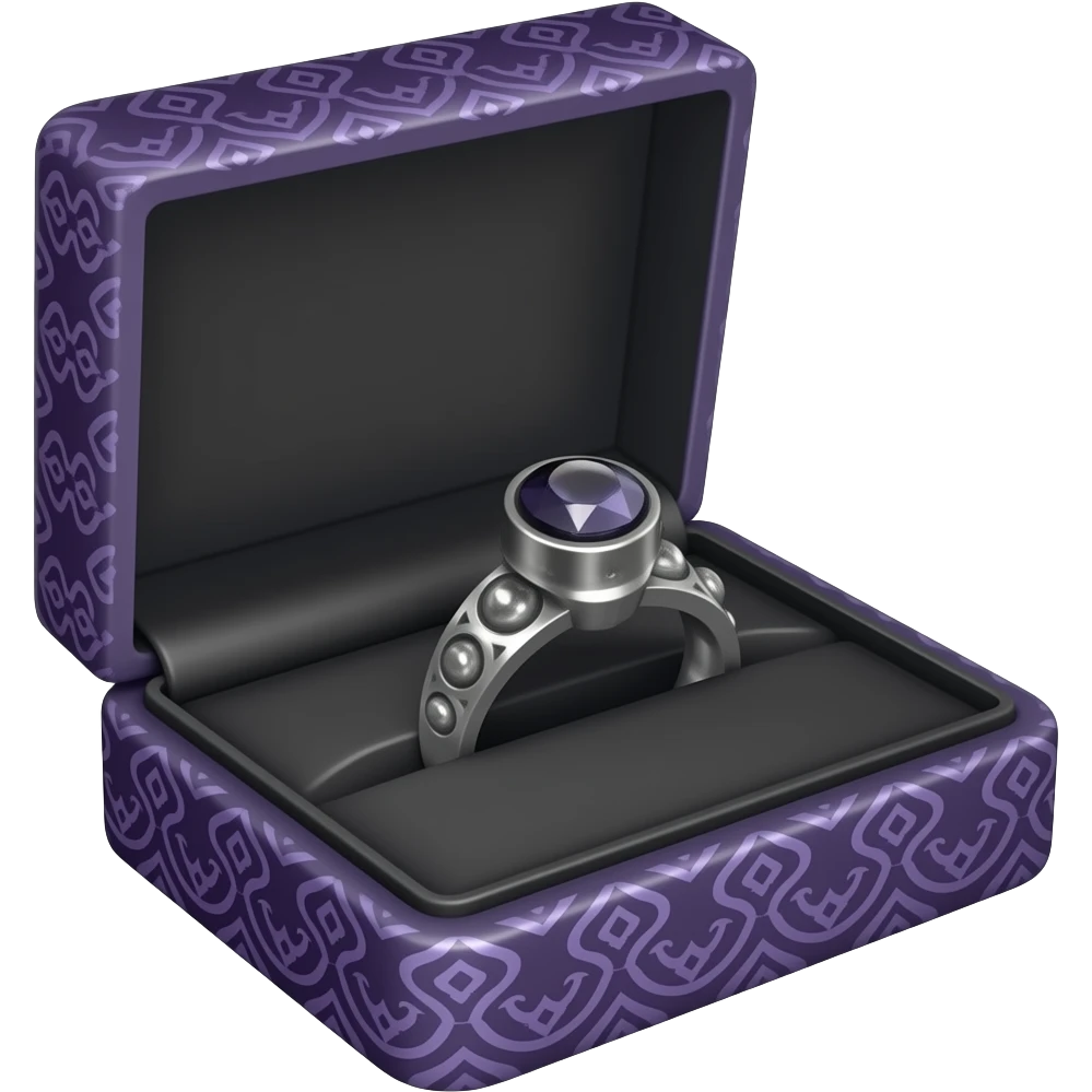 A woman's obsidian gem black ring in a black box with purple ornate trim emoji