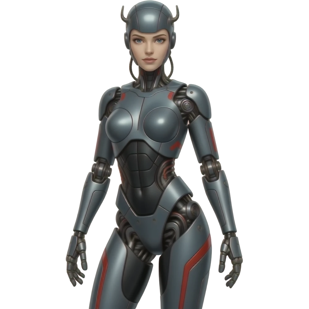 A full length body, not cut off, female robot made of dark gray steel with black and red markings, full body, sexy pose, robot head, robot face, no human features. full  body pose emoji