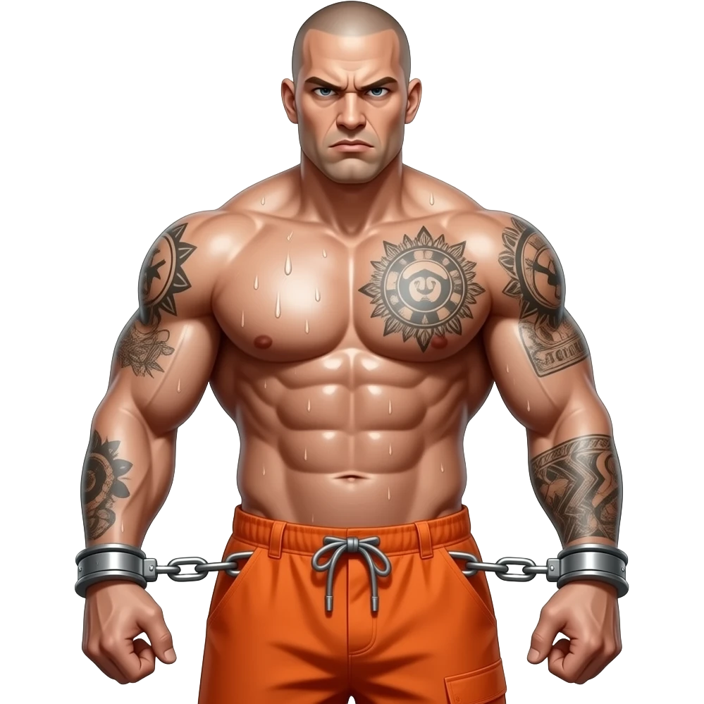 Erstelle ein sexy stämmigen breiten muskulösen nackten Häftling mit Knasttattoos und glatze. Er ist mit Handschellen gefesselt und hat orangeren Knasthosen an. es soll ein Portrait sein aber der glänzende feuchte Körper soll gut zusehen sein und er guckt böse emoji